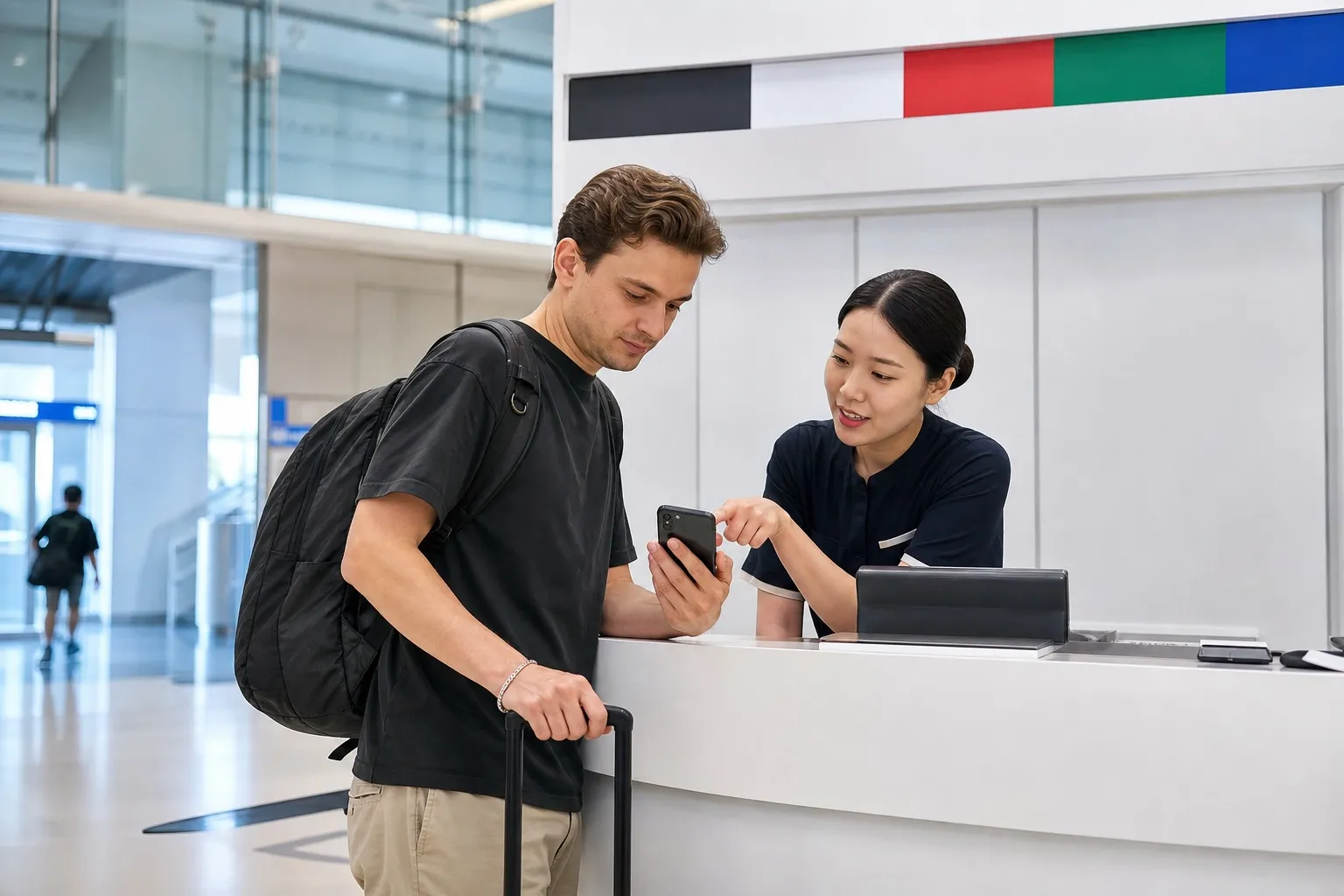 Traveler comparing direct Korean carrier eSIM options with staff at an airport mobile service counter