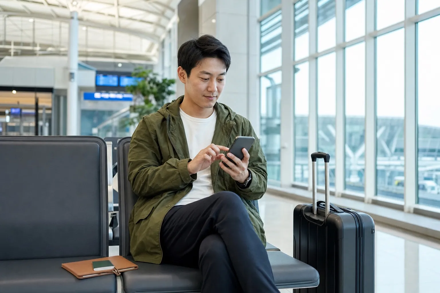 Traveler troubleshooting a phone connection beside luggage in the Incheon Airport arrivals area